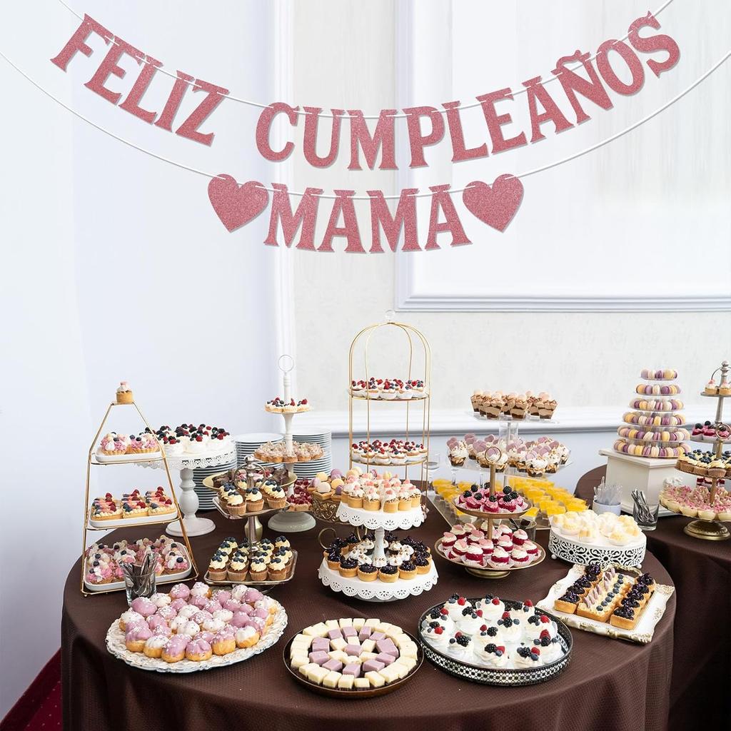 Feliz Cumpleaños Mama Banner - Spanish Happy Birthday Mom Banner, Mexican Fiesta Theme Mom' Birthday Mother's Day Party Decorations Rose Gold