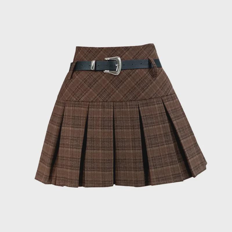 Korean Plaid Woolen Pleated Skirt: Autumn/Winter High-Waist College Style