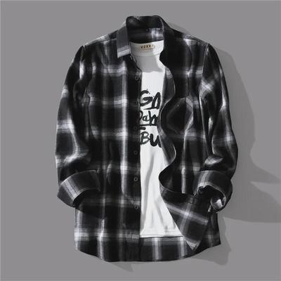 Camisa Casual de Manga Comprida Xadrez Preto e Branco Estilo Coreano Masculina para Primavera e Outono