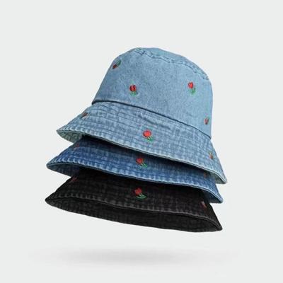 Rose Embroidered Denim Fisherman Hat Foldable Beach Sun Hat Breathable Women's Bucket Hat  Travel