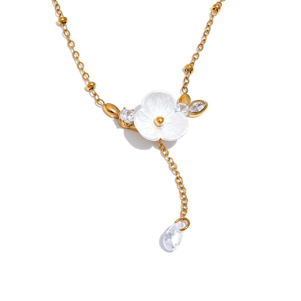 

Yhpup Chic Elegant Imitation Shell Flower Chain Zircon Pendant Necklace for Women Stainless Steel Fashion Delicate Jewelry Gift