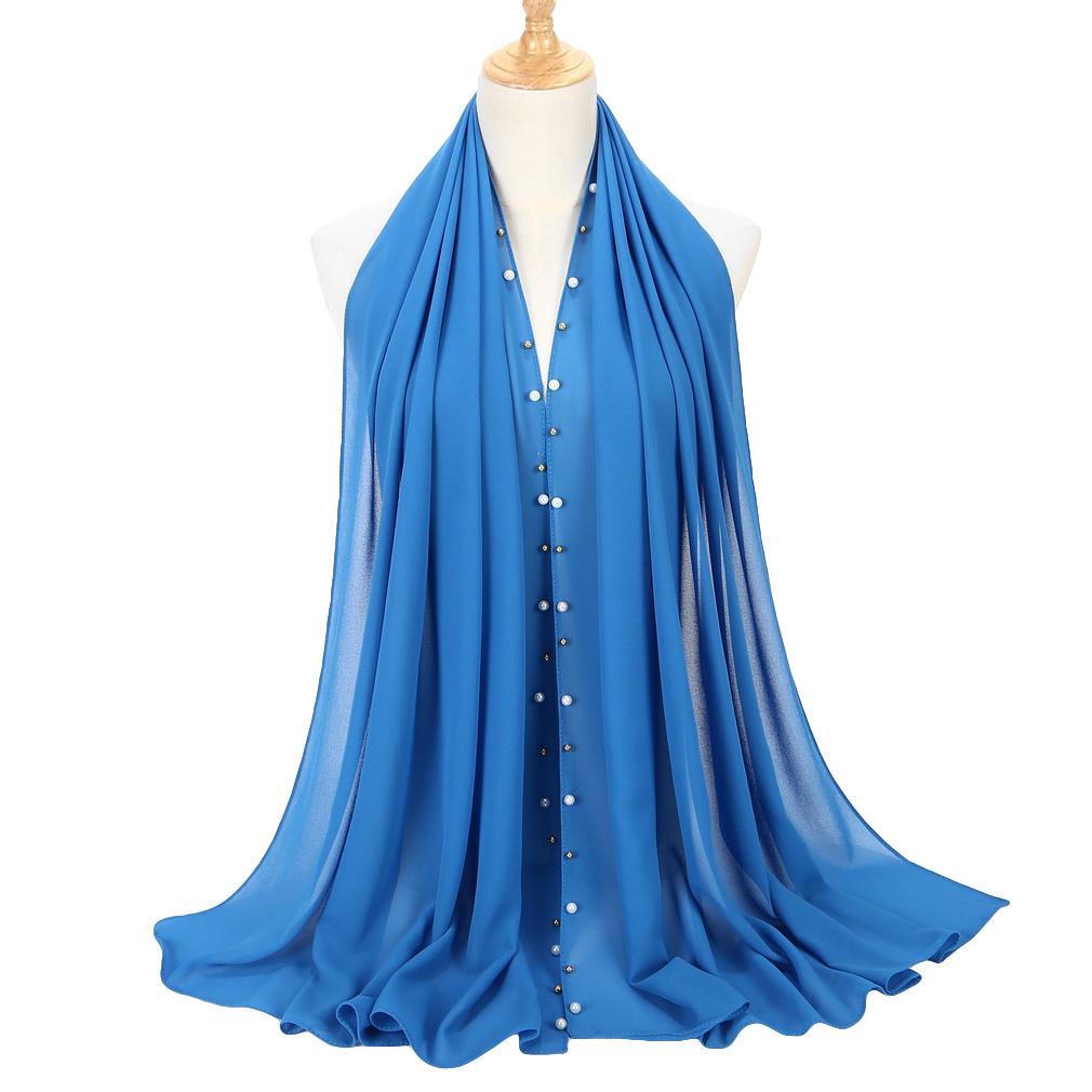 Women's Solid Chiffon Pearl Scarf, Elegant Beaded Hijab Shawl, Muslim Headscarf for Daily/Party