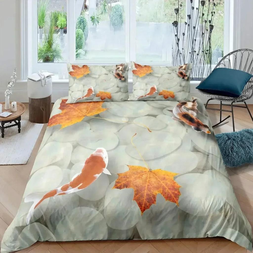 Maple Leaves Duvet Cover Set Colorful Autumn Season Maple Leaves In Unusual Designs Nature Print King Size 3D Bedding Set
