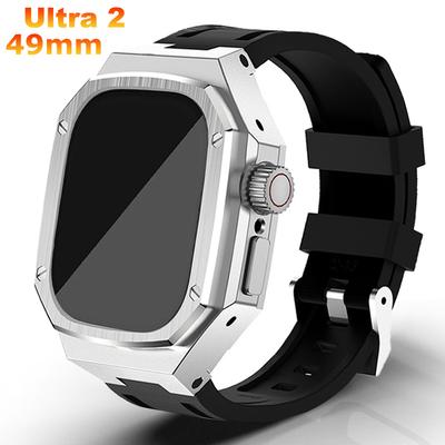 Kit de Modificación Caja de Acero Inoxidable Correa de Goma Para Apple Watch Ultra 2 49mm Funda Correa Deportiva de Lujo para iWatch ultra 2 49