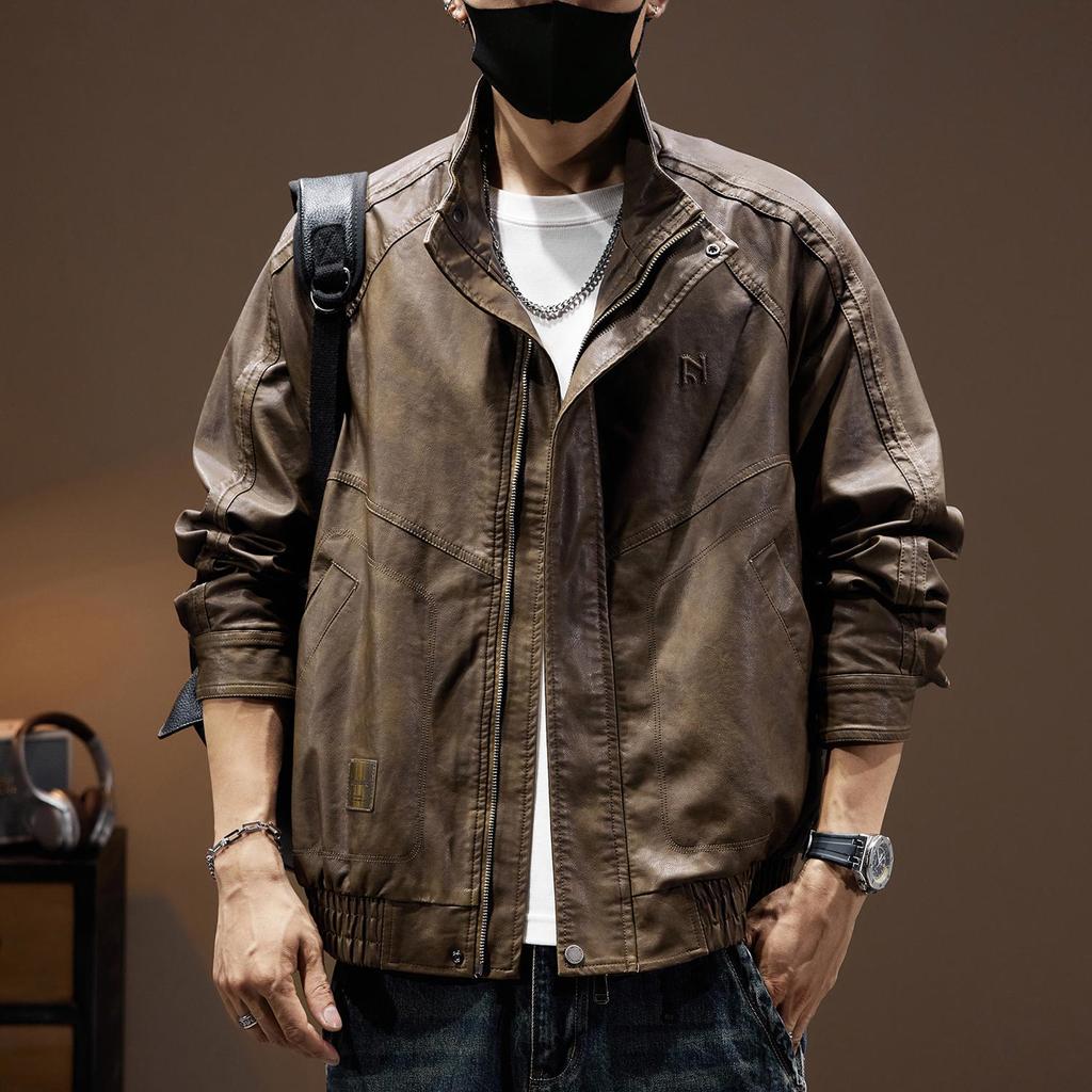 Men's American Retro PU Leather Windproof Jacket, Spring 2025 - Loose, Trendy, Plus Size Outerwear