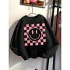 European Sizes Checkerboard Joyful Face Girls' Crewneck Sweatshirt, Western Style, Long Sleeve, Multi-Colored.