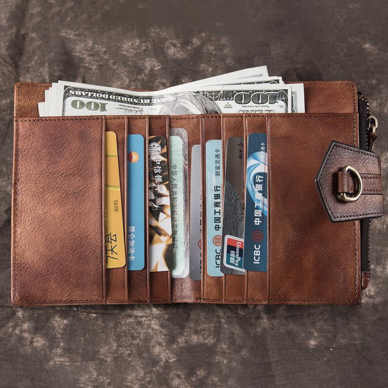 New Women's Wallet Retro Short Casual Leather Wallet with Top Layer Cowhide Buckle Retro Women's European and American Wallet