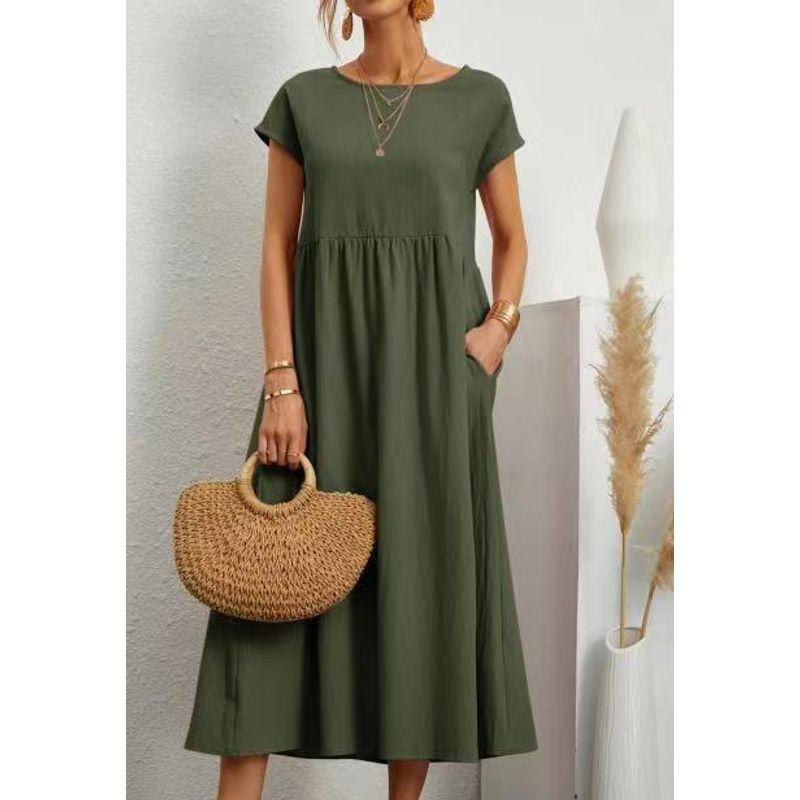 Short-Sleeve Pocket Women's Dress Short Sleeve Loose Pockets round Neck Pleating Dress