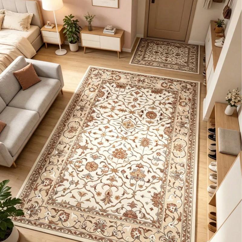 Vintage Golden Medallion Floral Print Large Area Rug Soft Flannel Non Slip Carpet for Living Room Boho Farmhouse Traditional