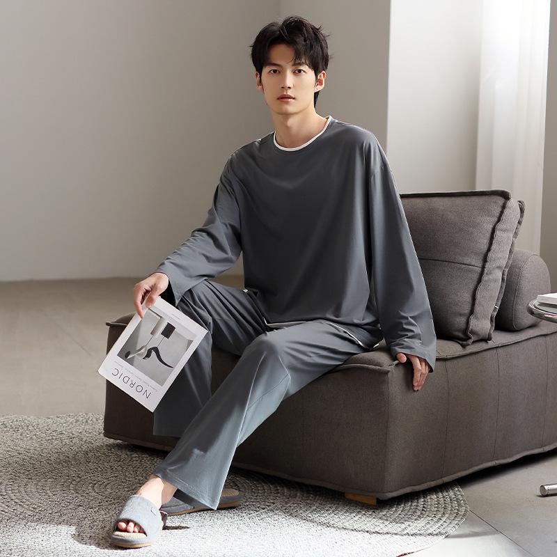 Men's Long Sleeve Loose Pajama Set - Round Neck, Long Pants, Plus Size for Spring & Autumn.