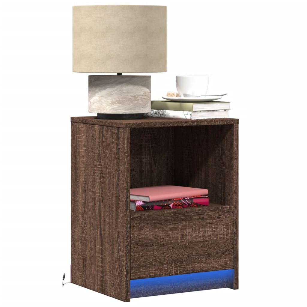Nightstand with LED Lights Brown Oak Effect Wood Based Material