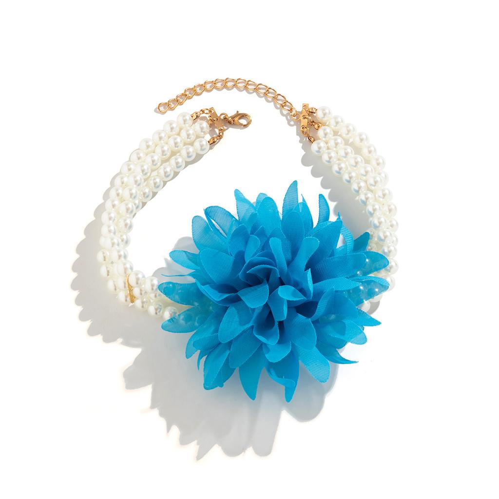 Vintage Imitation Pearl Floral Beaded Necklace, Handmade Chiffon Large Flower Collarbone Chain Collar