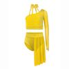 Girls Contemporary Dance Outfit One Shoulder Sheer Mesh Long Sleeve Rhinestone Crop Top with Irregular Skirt