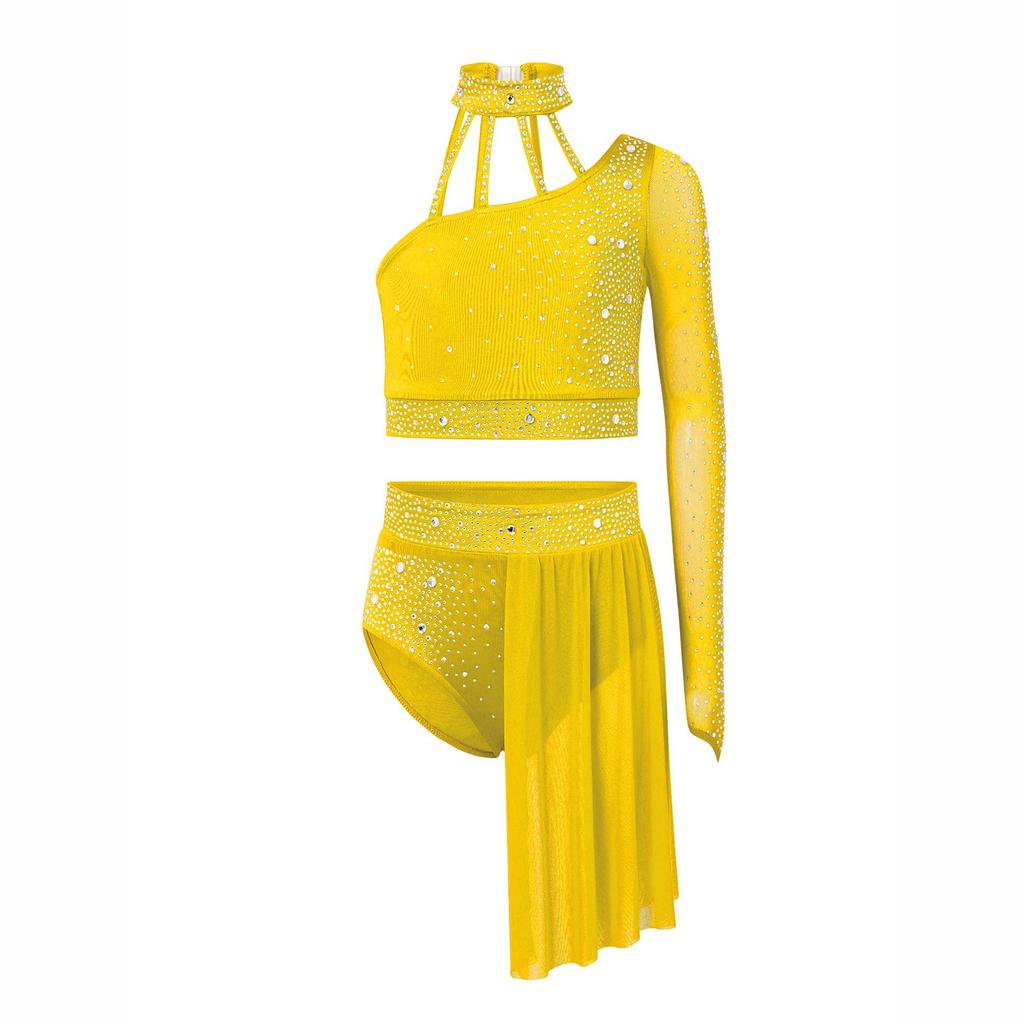 Girls Contemporary Dance Outfit One Shoulder Sheer Mesh Long Sleeve Rhinestone Crop Top with Irregular Skirt