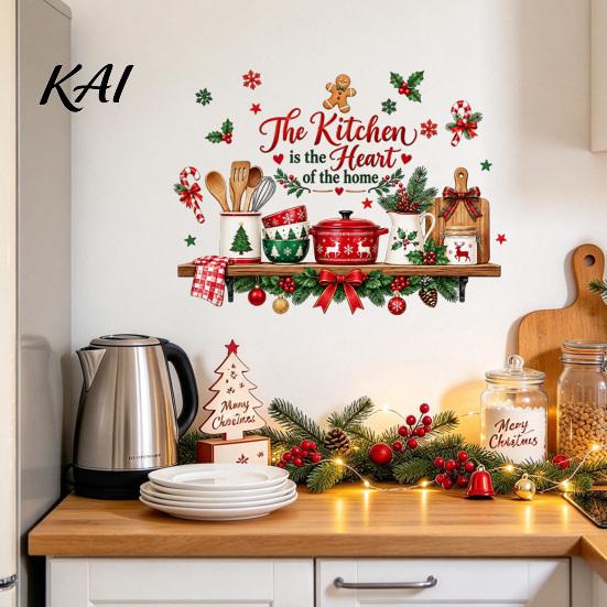 Christmas Party Scene Decoration Kitchen Wall Sticker, Self Adhesive PVC Decal, Festive Utensils Easy Apply Holiday Art Seasonal Holly Gingerbread Man
