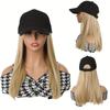 Elegant Women'S Black Baseball Cap With Adjustable Hat Wig - Long Straight Synthetic Hair, One Piece