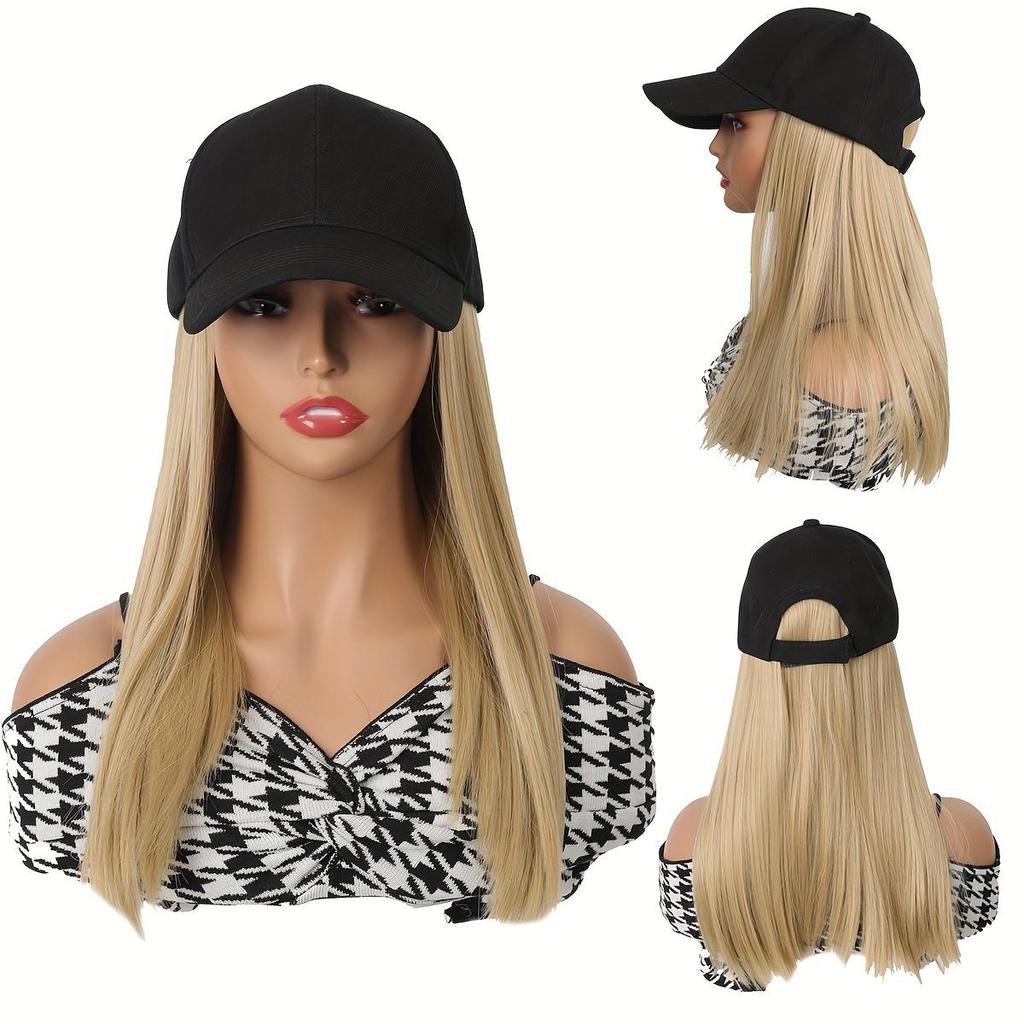 Elegant Women'S Black Baseball Cap With Adjustable Hat Wig - Long Straight Synthetic Hair, One Piece