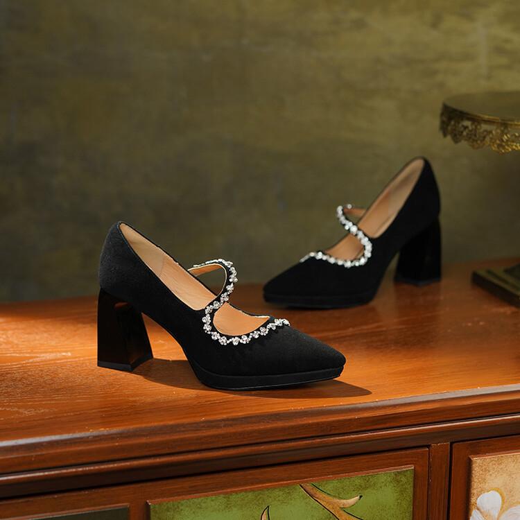 

Fashion women s shoes 2025 autumn new thick-heeled single shoes women s shallow mouth rhinestone pointed waterproof table temperament high heels women 40 чёрный