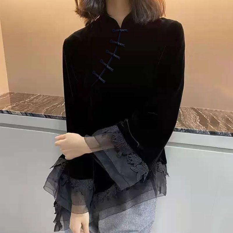 New Spring and Autumn Chinoiserie Style Stand Collar Button Slant Placket Lace Jacquard Long Sleeve Velvet Cheongsam Top
