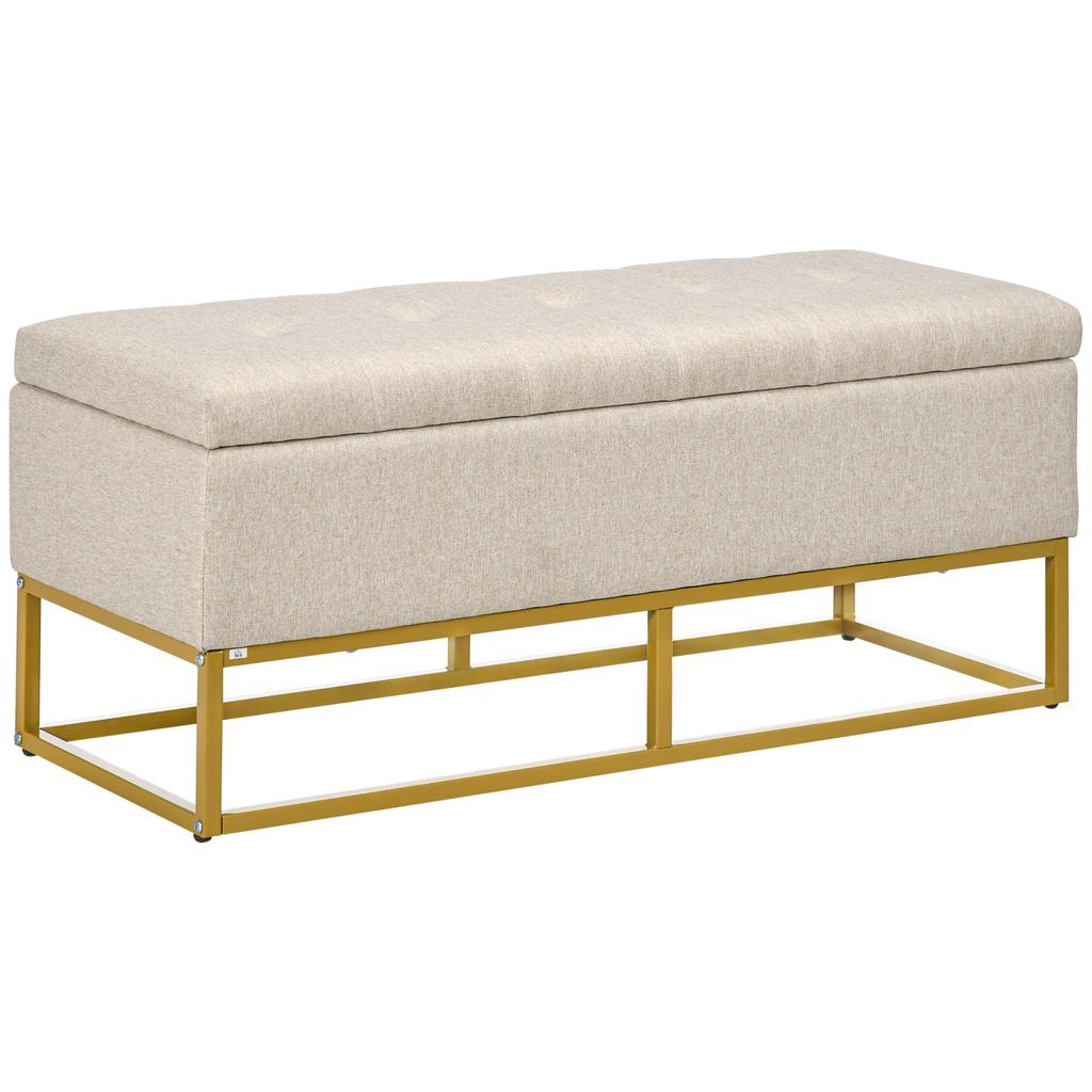 2-in-1 bench with storage trunk, upholstered seat and steel legs, 110 x 44 x 48 cm, beige and gold