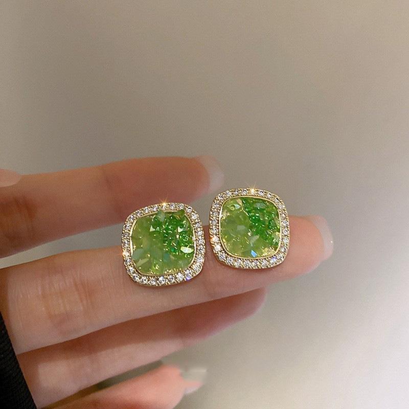 Green crystal flower butterfly earrings summer small fresh and sweet stud earrings 2025 explosion high-end earrings women