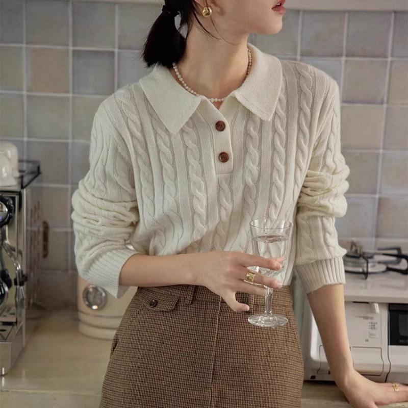 Women's French Retro Wool Cable Knit Polo Cardigan - Autumn/Winter Cashmere Lapel Sweater