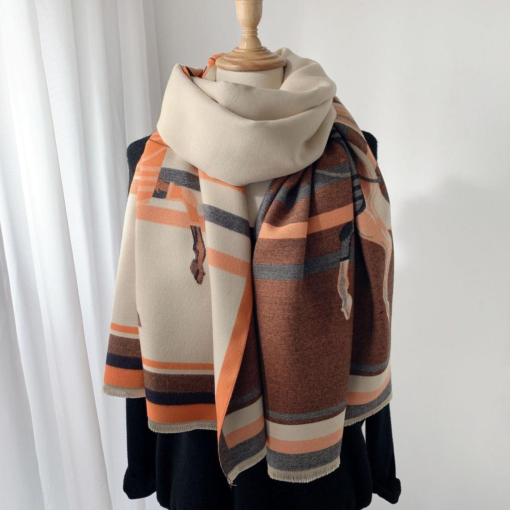 Vintage Horse Print Imitation Cashmere Short Beard Fringed Jacquard Air Conditioner Shawl Thickened Warm Decorative Scarf Scarf Women