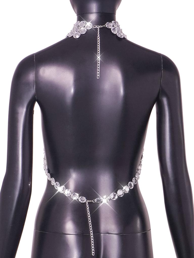 Y2K Sexy Metal Chain Halter Bra for Nightclub Party Halter Body Chain Jewelry Female Silver Rhinestone Top