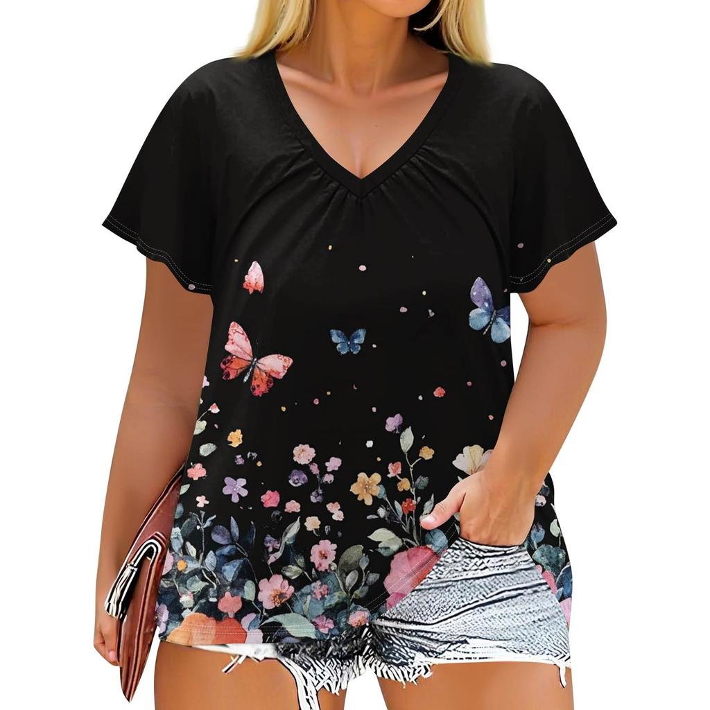 Women's Fashion Casual Printed  V-Neck Short Sleeve Large Size T-Shirt Top