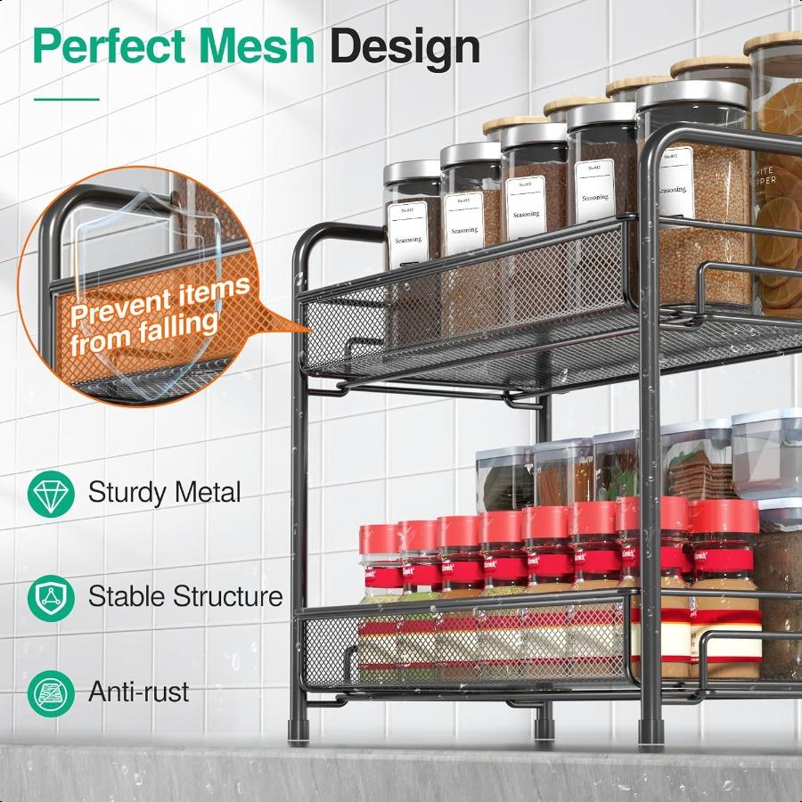 Spice Rack Organizer for CountertopXpatee 2Tier Foldable Metal RustProof Standing Large Seasoning Storage Shelf with Guardrail