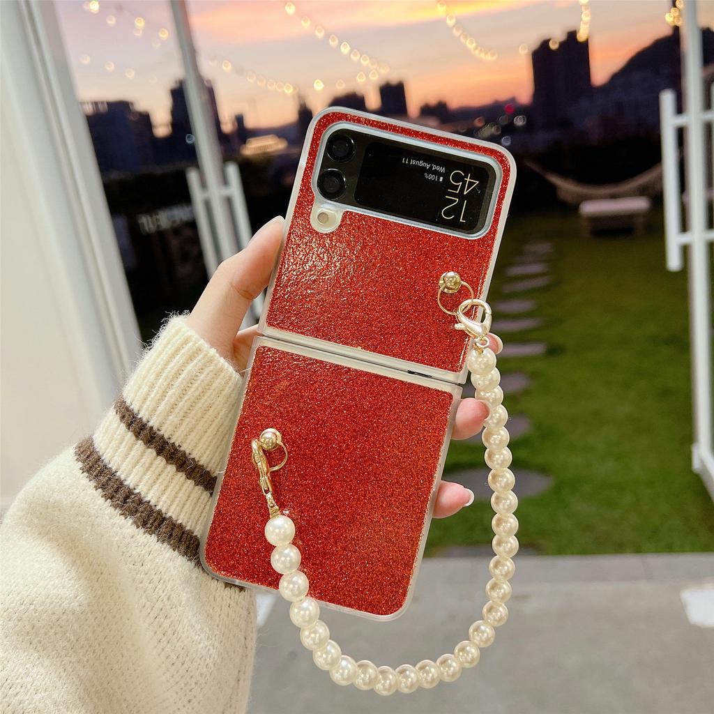 For Samsung Galaxy Z Flip 4 5g Luxury Bling Sparkle Glitter With Pearl Chain Case For Girls Women Anti -Drop Shockproof Cover