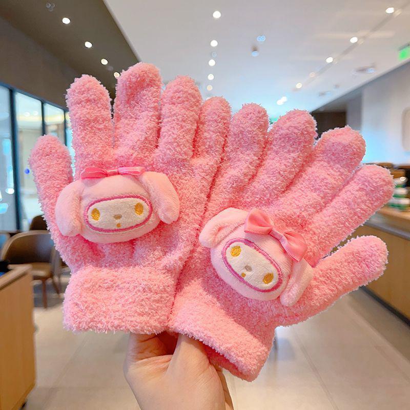 1Pair Kawaii Cute Kuromi Melody Cinnamoroll Kt Cat Gloves Cartoon Five Finger Gloves Autumn Winter Warm Student Gloves
