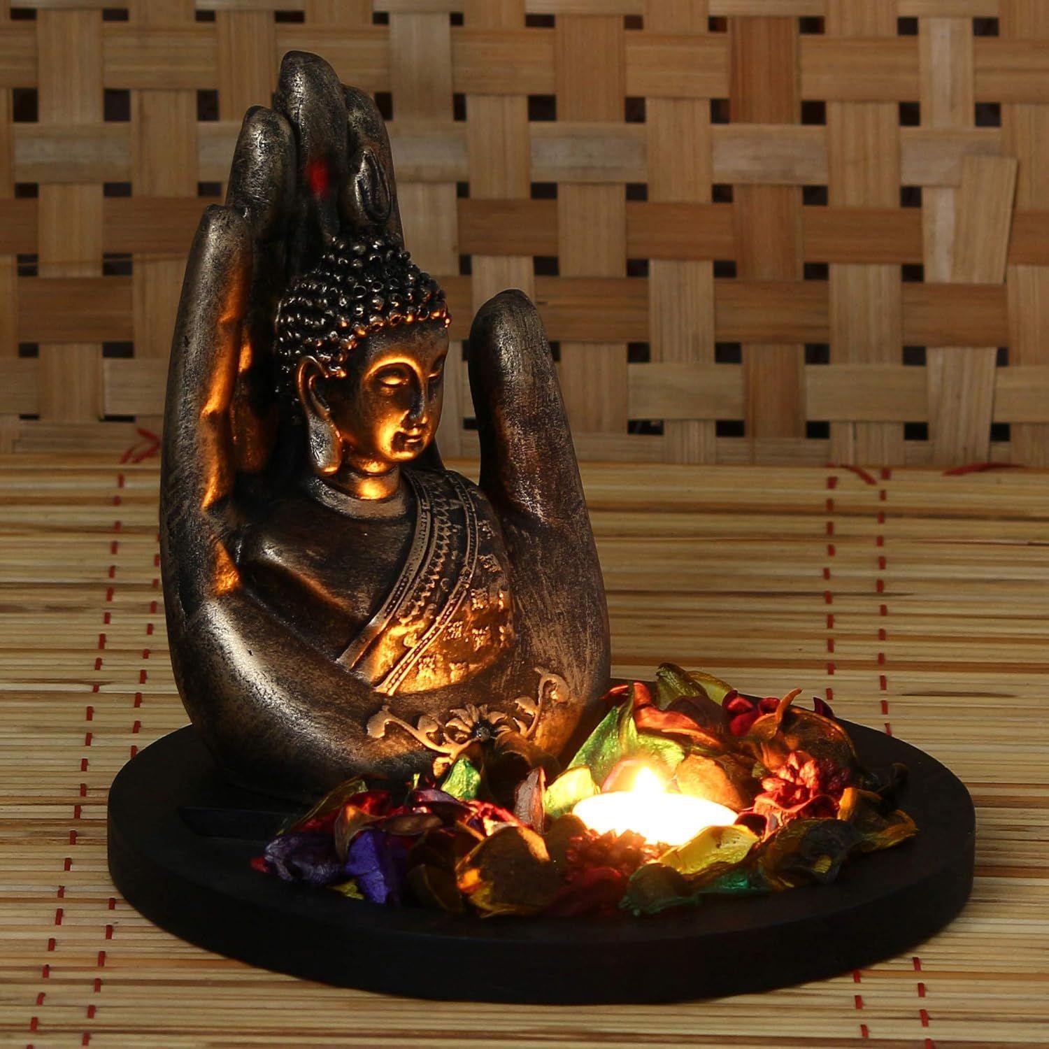 

Медная отделка Ручная работа Пальма Будда Декоративная статуэтка с деревянной подставкой, Ароматизированными лепестками и Чайной свечой