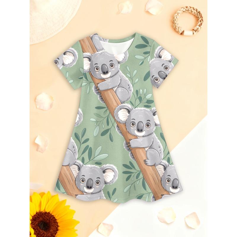3D Digital Cartoon Butterfly Pattern | Cute Girls' Short Sleeve Tunic Dress Perfect for Spring/Summer, Casual Style with Slight Stretch Fabric