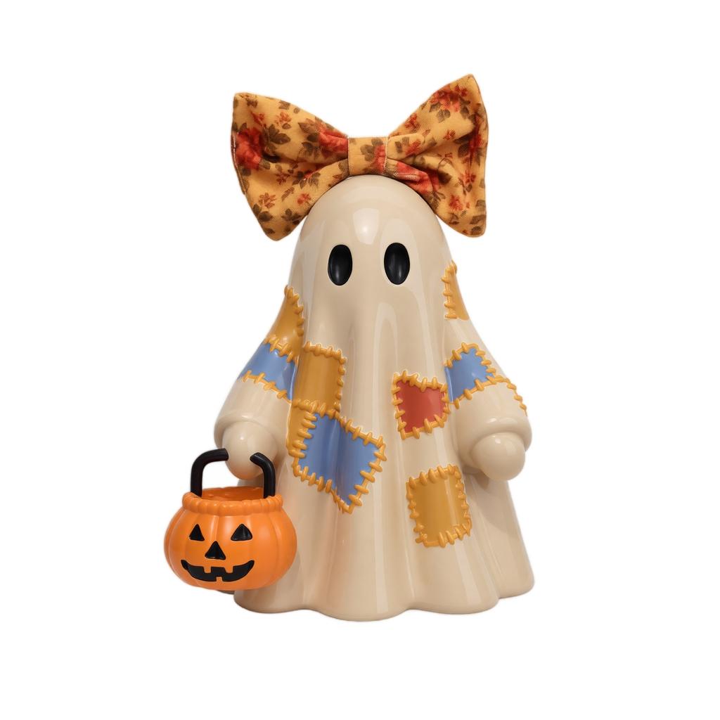 Resin Figure Halloween Decor - Tie Holding Pumpkin Statue for Desktop Shelf Decoration