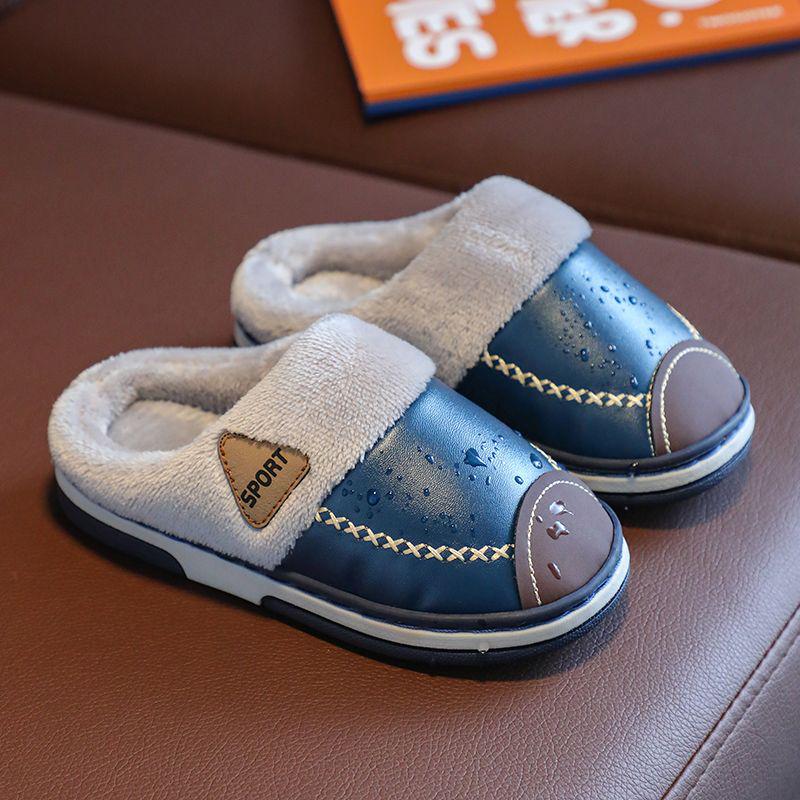 Waterproof Non-Slip Winter Warm Cotton Slippers with Velvet & PU Leather for Men, Women, & Kids