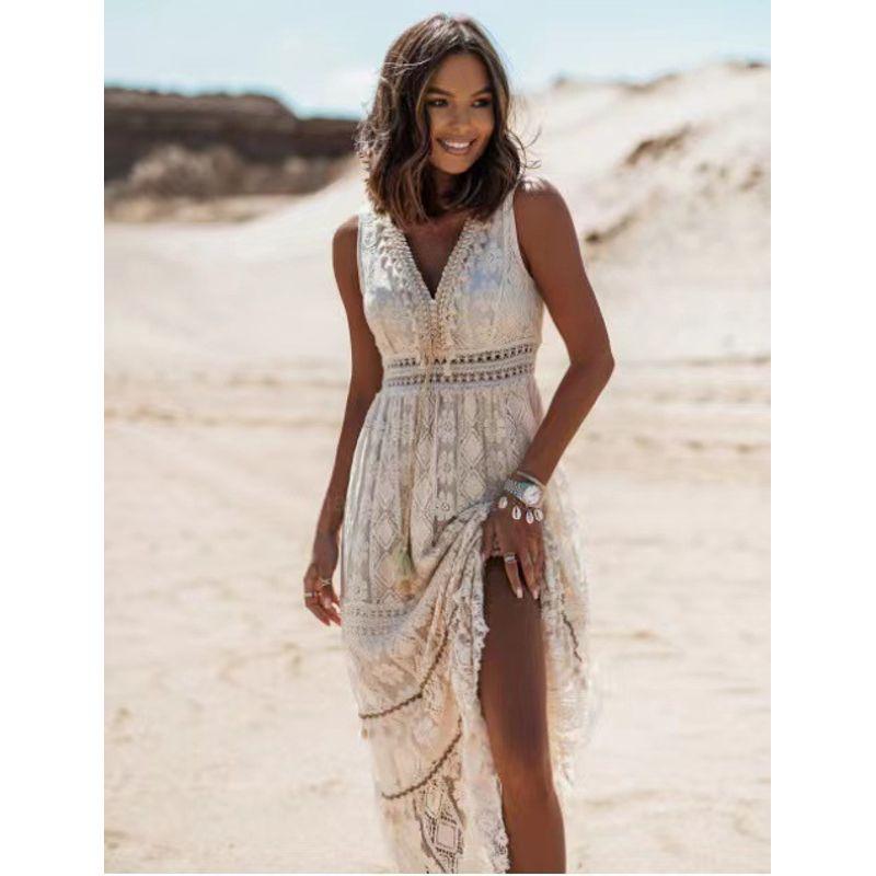 

Lace Patchwork Large Swing Dress for Women Lace Stitching Big Hemline Dress Apricot XL