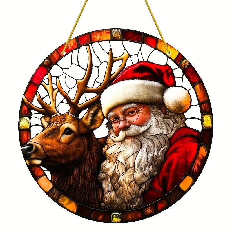 

Christmas Suncatcher Decoration Santa Claus and Reindeer Hanging Acrylic Catcher Gift for Family Friends Perfect, Novelty Home Decor 15X15cm