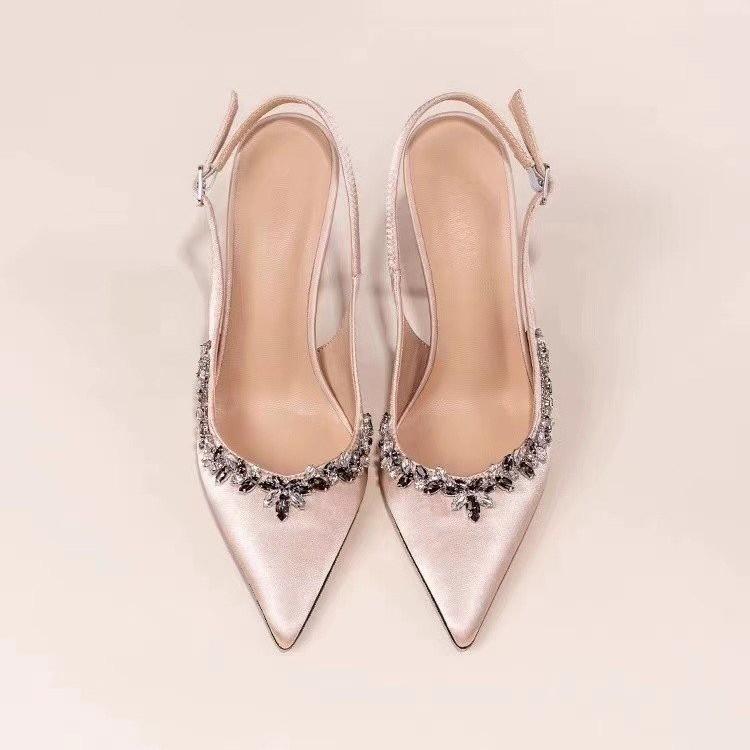 New Chain Rhinestone High Heels Women's Thin Heels Pointed Temperament French Single Shoes One Word with Bag Head Sandals Banquet Shoes