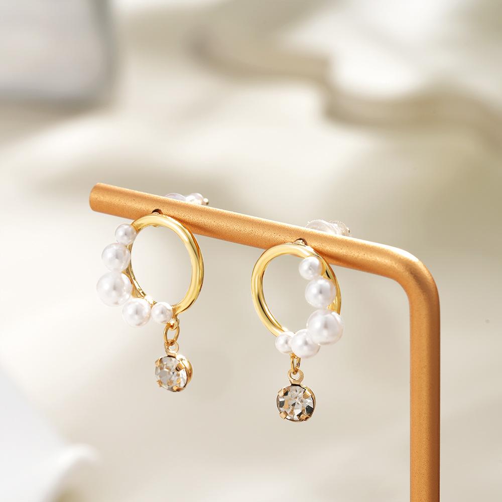 18K Gold Round Stud Earrings, Zircon Imitation Pearl Earrings, Vintage French Court Ear Jewelry