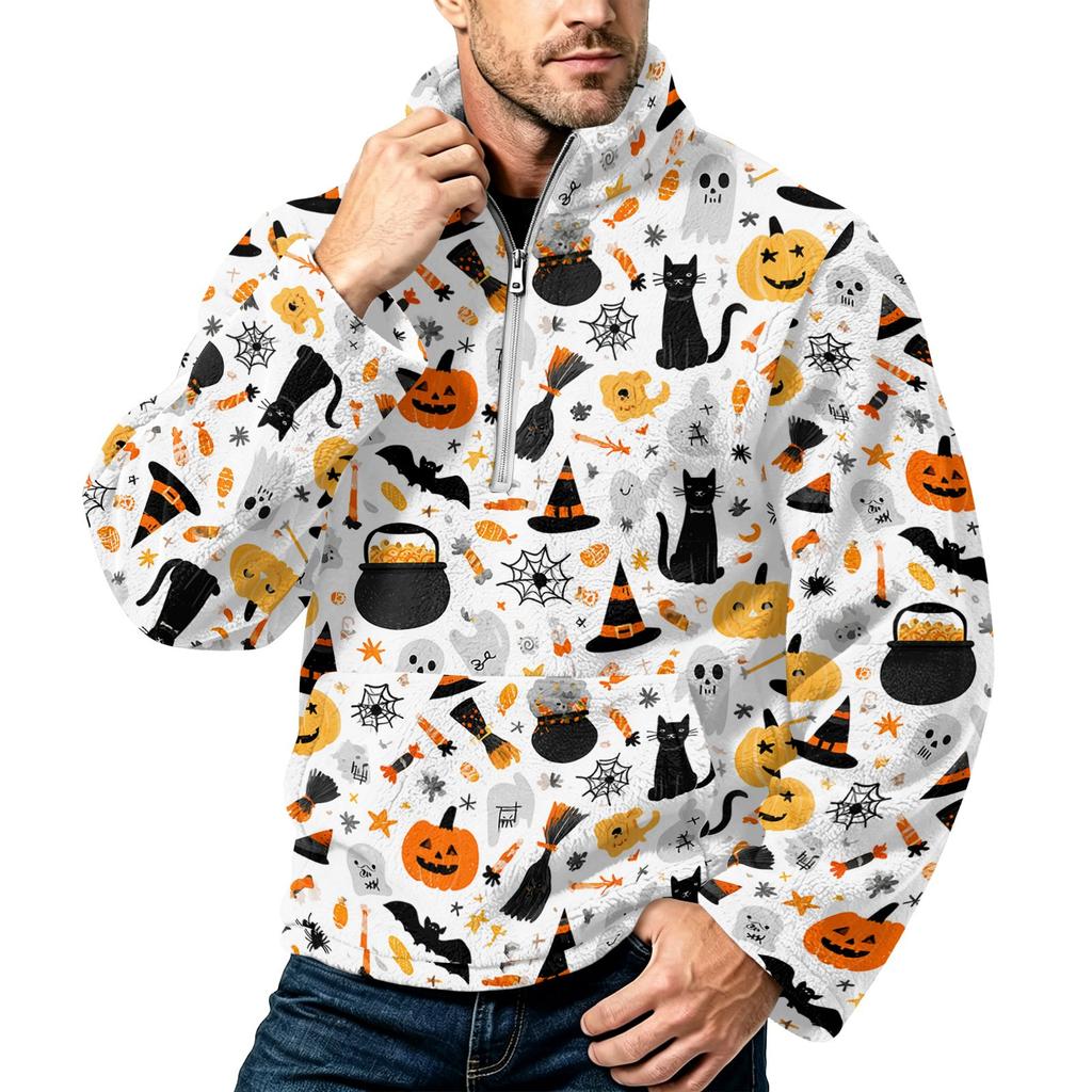 Men's Halloween Print Flannel Zip-Up Sweatshirt with Stand Collar, Plus Size Fall Winter Casual Top
