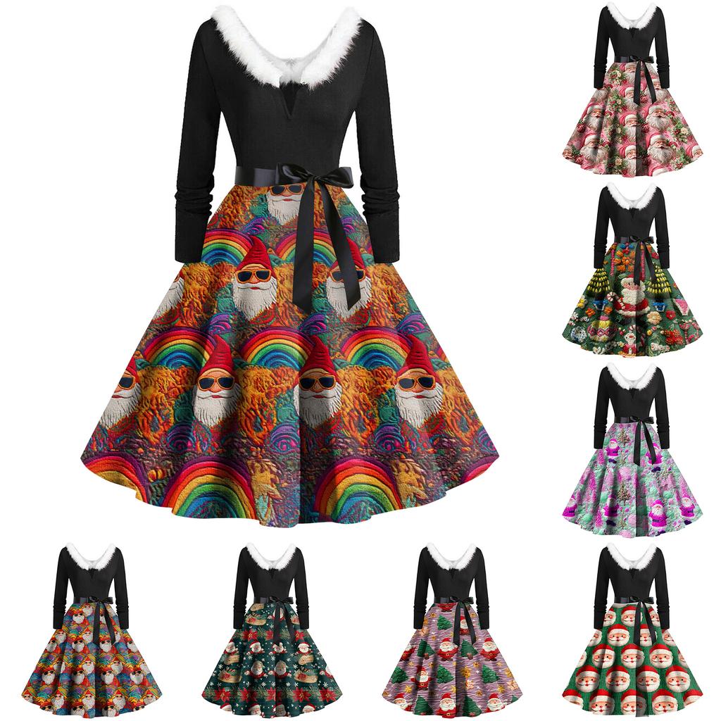 Women's Fashion Round Casual Slim Fit Christmas Print Large Swing Long Sleeve Dress