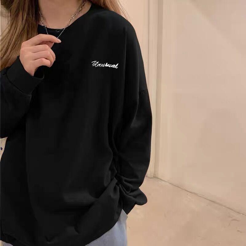 

Ранней весной новая футболка с длинным рукавом женская большого размера свободная модная верхняя одежда осенняя одежда базовая футболка топ 2XL чёрный