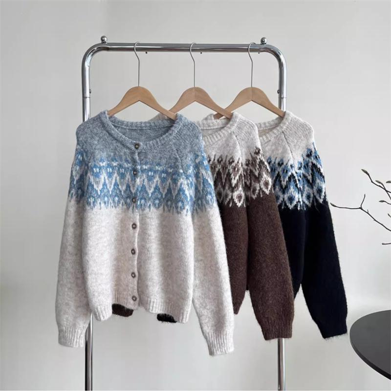 spring autumn color matching Knitted Sweater vintage printing Short Cardigan jacket Loose Crew Neck korean casual Sweaters Women
