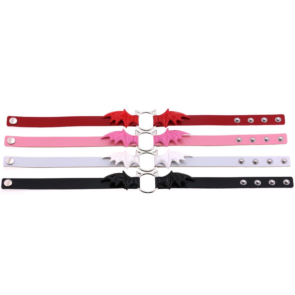 Cat Head Bat Wings Leather Punk Choker Necklace with Snap Button Clasp