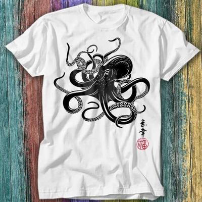 Octopus Japanse Kalligrafie Gyotaku Anime Manga Zwart Wit T-shirt Top Tee 282