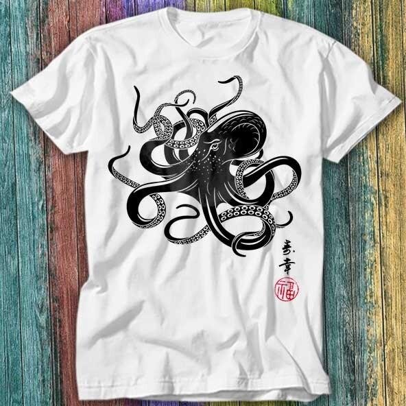 

Octopus Japanese Calligraphy Gyotaku Anime Manga Black White T Shirt Top Tee 282 4XL