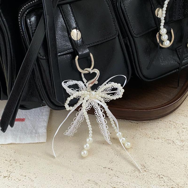 Y2K Sweet Lace Imitation Pearl Bow Keyring Ins Style Bowknot Keychain Trendy Girly Key Holder Bag Pendant Girls Gift