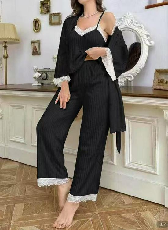 Women's Three-Piece V-Neck Cherry Pajama Set with Lace Trim