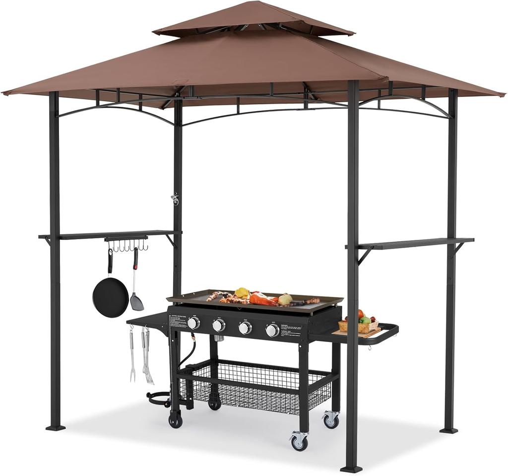 YODOLLA BBQ Gazebo - Double-Tier Canopy, Rust-Resistant Steel Frame, Side Shelves with Hooks 2,4m×1,5m - Gray